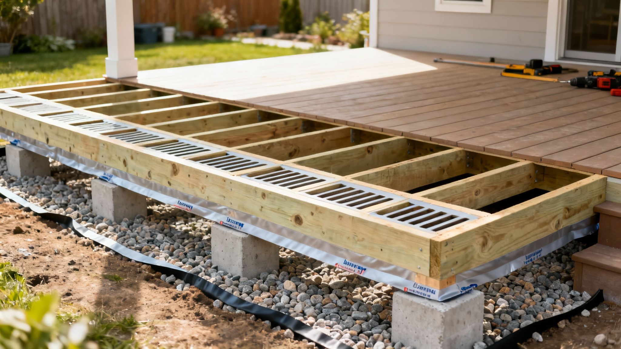 A partially constructed wooden deck frame on concrete blocks, with some decking boards installed and protective barrier visible.