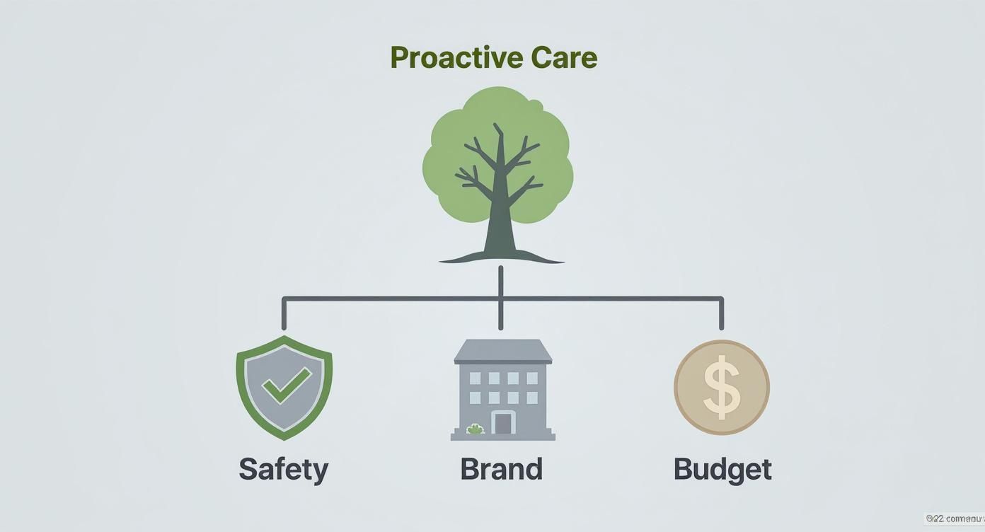 A diagram illustrating Proactive Care as a tree, connecting to Safety (shield), Brand (building), and Budget (coin).