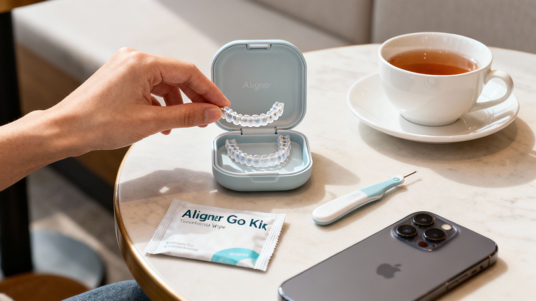 A hand holds a clear dental aligner above its case, alongside a tea cup, phone, and cleaning kit.
