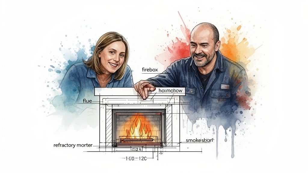 Smiling man and woman pose above a detailed watercolor and line drawing diagram of a fireplace.
