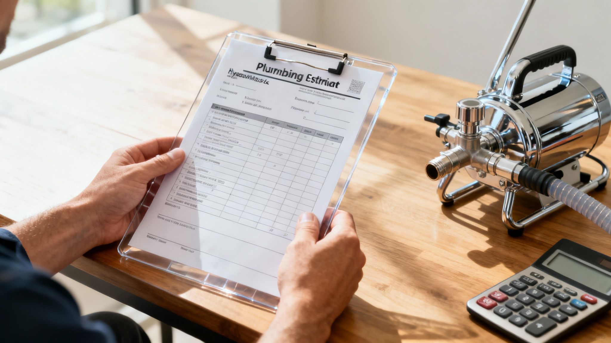 A plumber explaining a quote on a tablet to a homeowner
