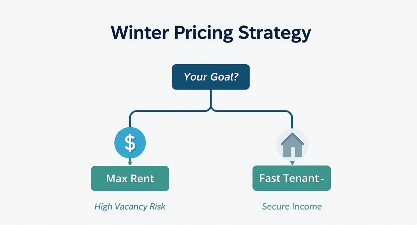Flowchart outlining winter pricing strategies: maximize rent with high vacancy risk or fast tenant placement for secure income.