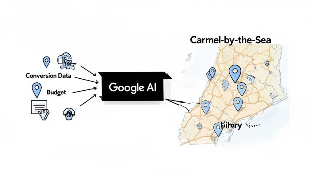 Google AI uses conversion data and budget to optimize location targeting on a map with pins.