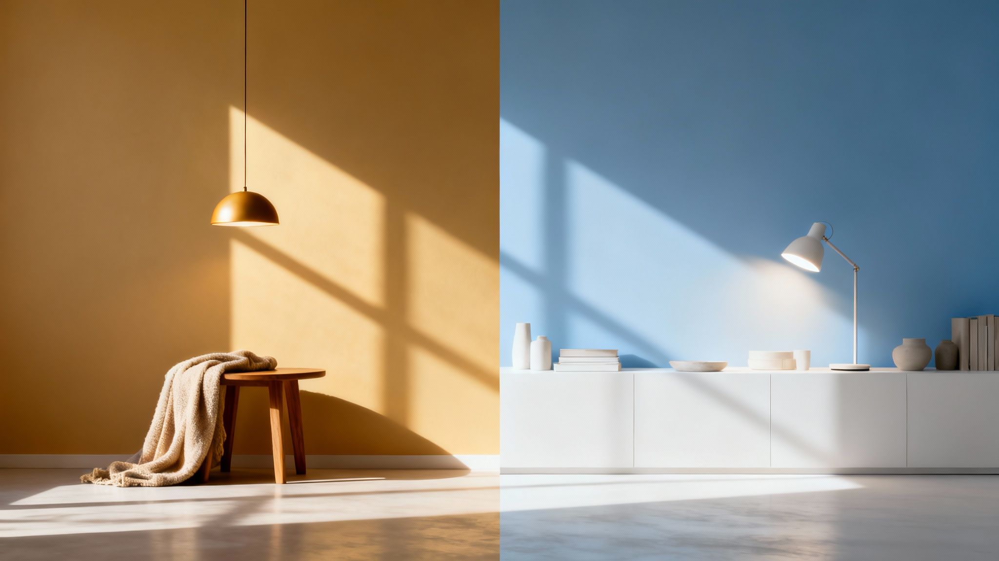 Two contrasting rooms: one warm yellow with soft light, the other cool blue with bright task lighting.