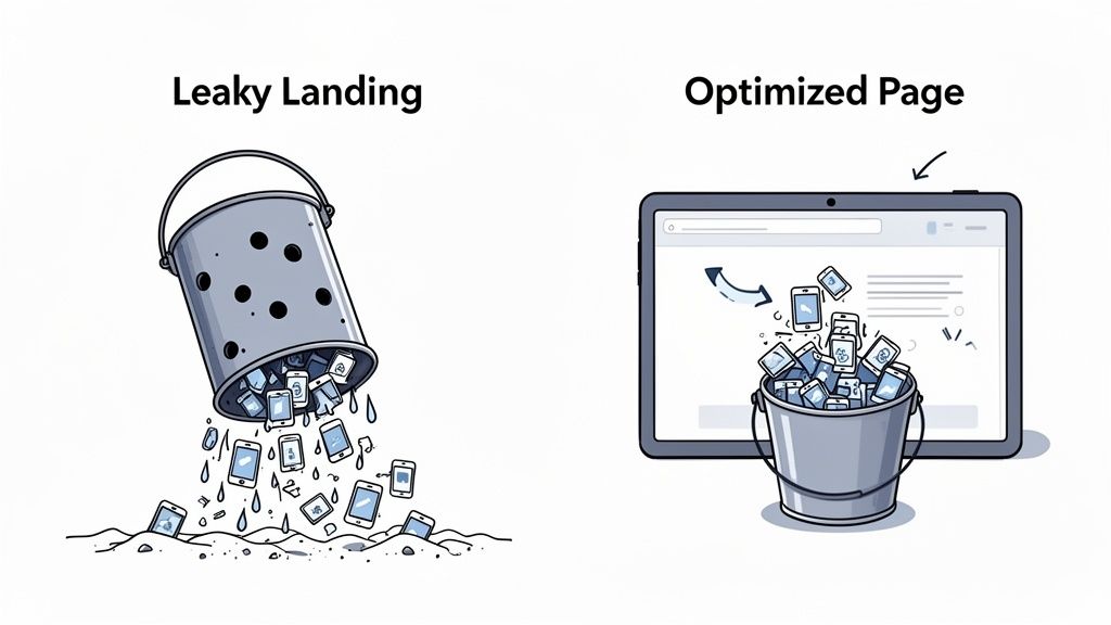 An illustration comparing a leaky bucket spilling phones with a solid bucket collecting phones from an optimized webpage.