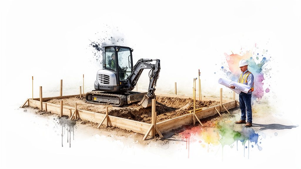 A construction worker with blueprints stands near an excavator on a construction site with wooden forms, surrounded by colorful watercolor splashes.