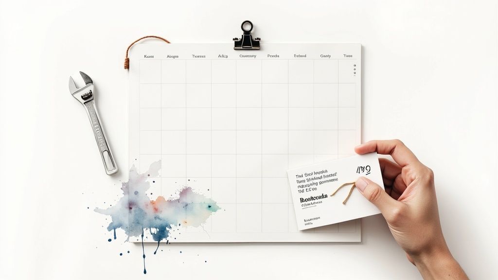 A calendar, pipe wrench, and a hand holding a card, representing planning for pipe repair.