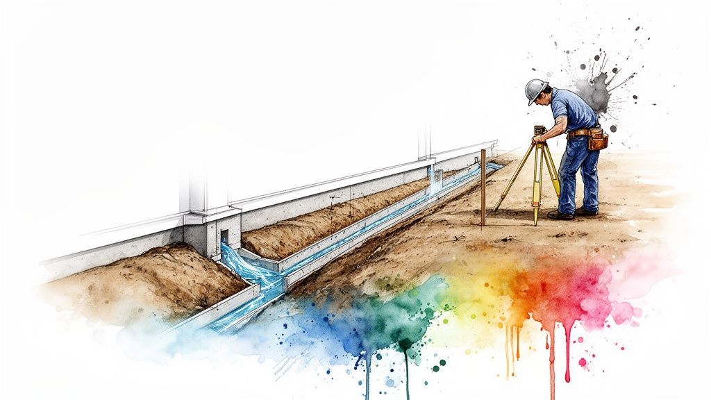 A construction worker uses surveying equipment near a building's foundation and water drainage system.