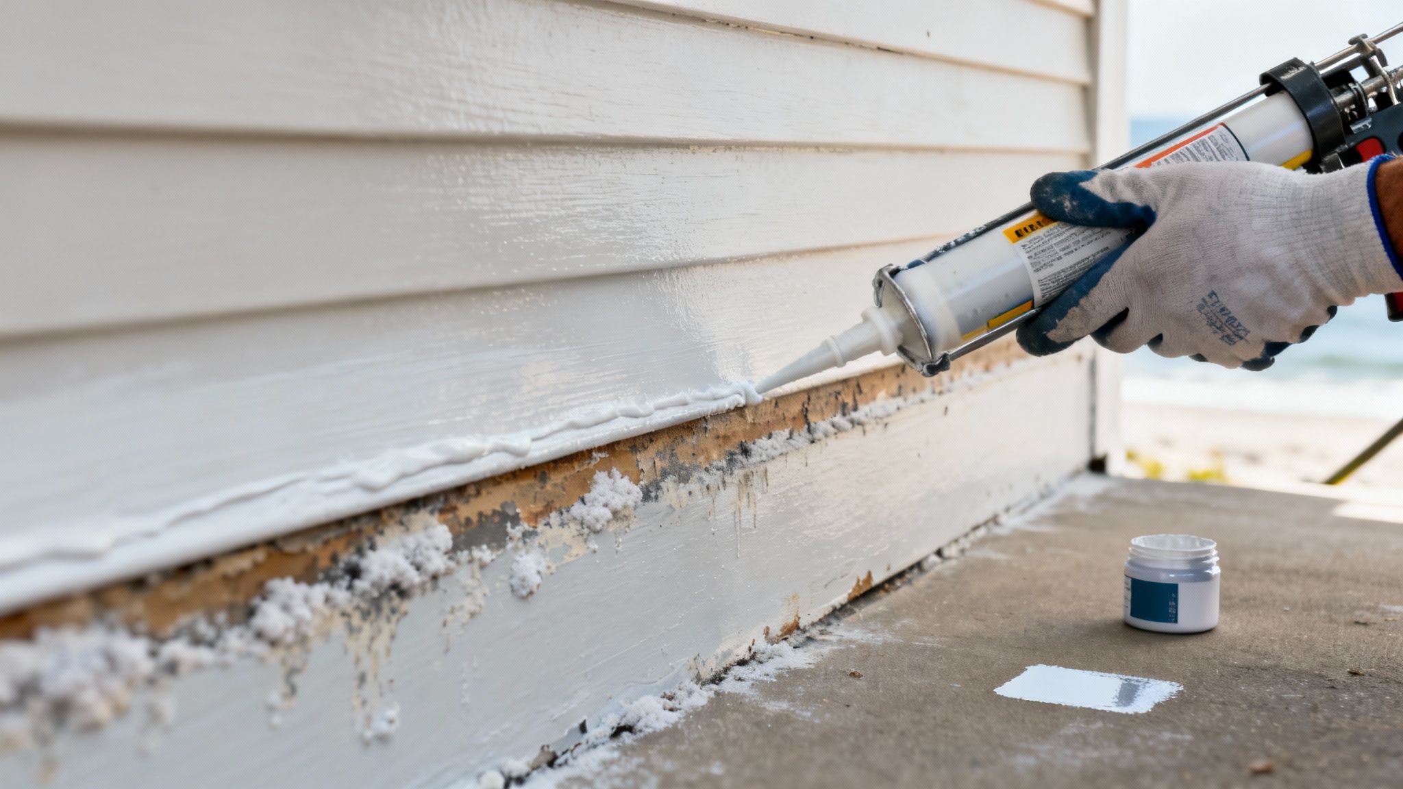 A gloved hand applies white caulk to the base of a white house siding, showing paint damage.