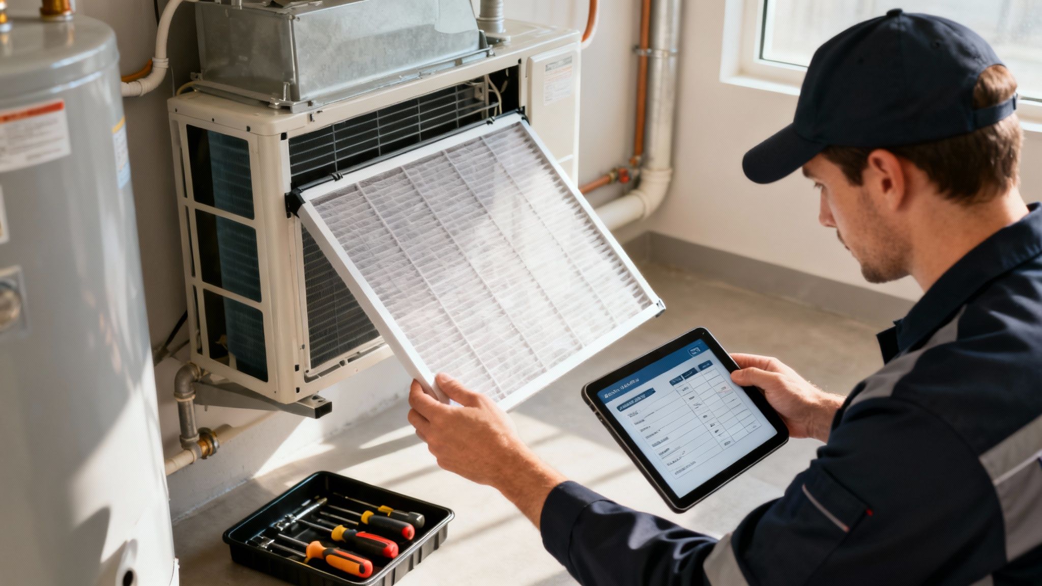 A man in uniform performs HVAC maintenance, holding a dirty air filter while checking a tablet.