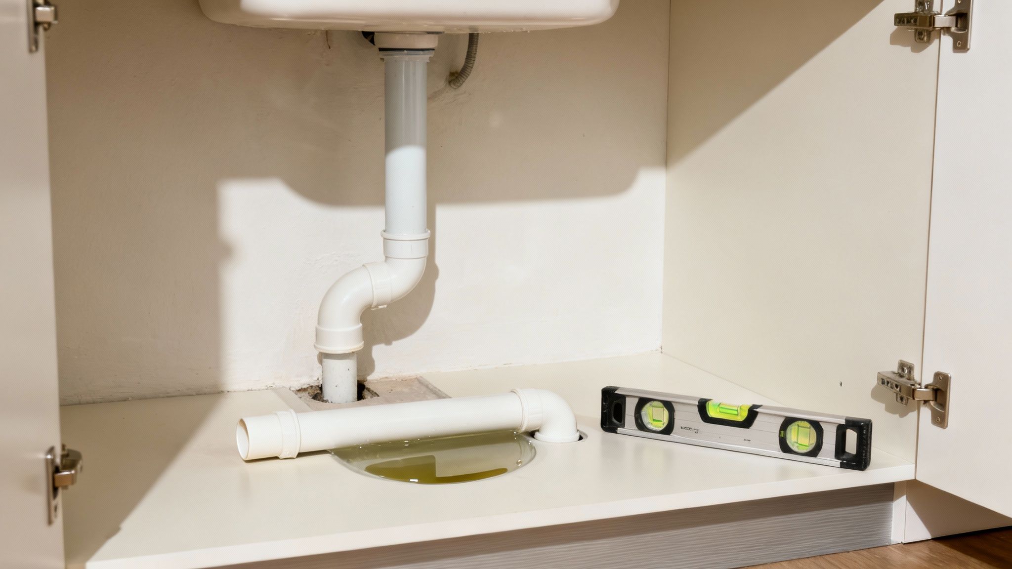 A correctly installed P-trap and drain line under a bathroom sink, with a level showing proper slope.