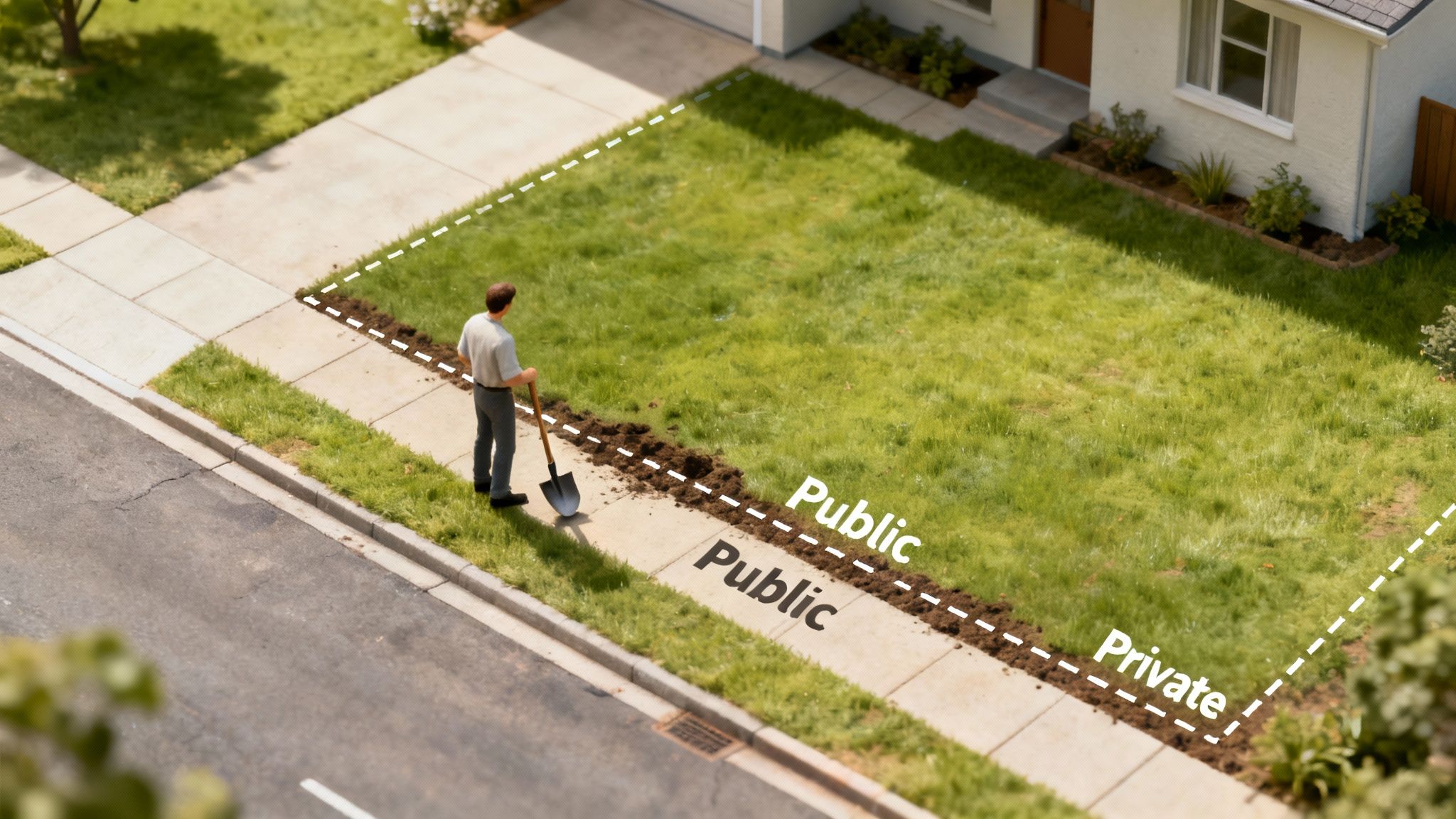 Who Owns That Pipe? Property Lines and Underground Utilities 1 Homeowner digging near property line showing public and private land boundaries in front yard