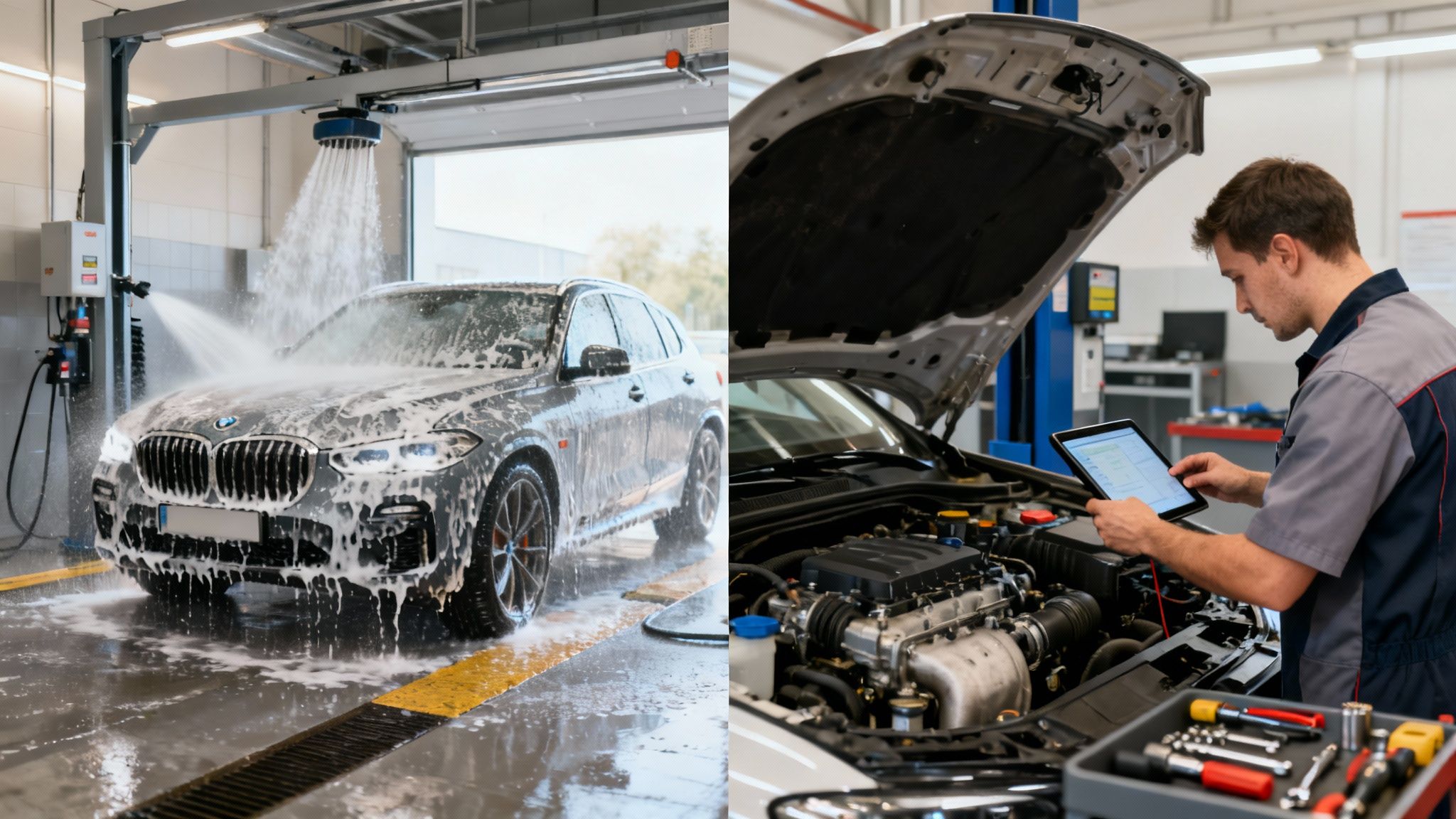 A split image shows a grey BMW being washed and a mechanic diagnosing an engine with a tablet.