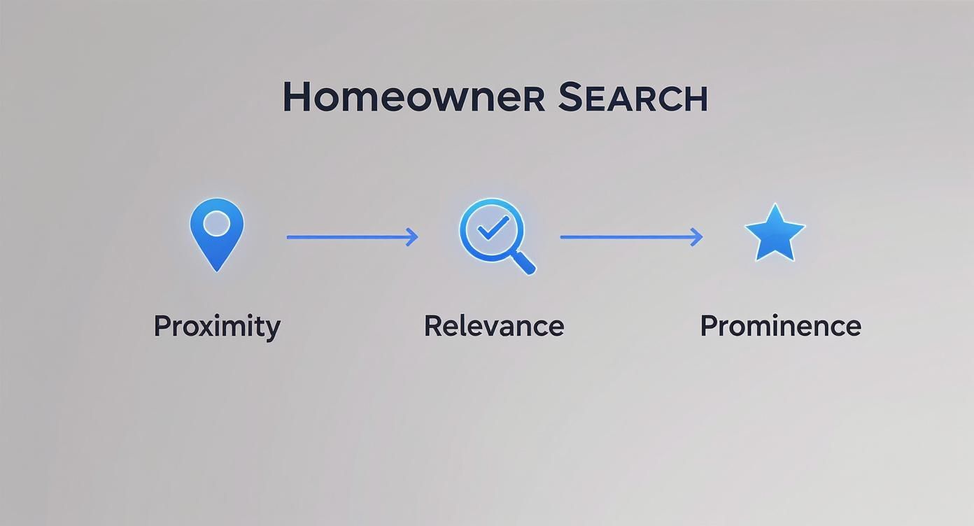 Diagram illustrating homeowner search factors: Proximity, Relevance, and Prominence, shown with icons.