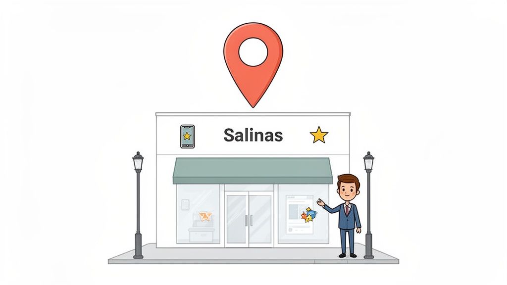 Cartoon illustration of a 'Salinas' storefront with a map pin, stars, and a man in a suit.