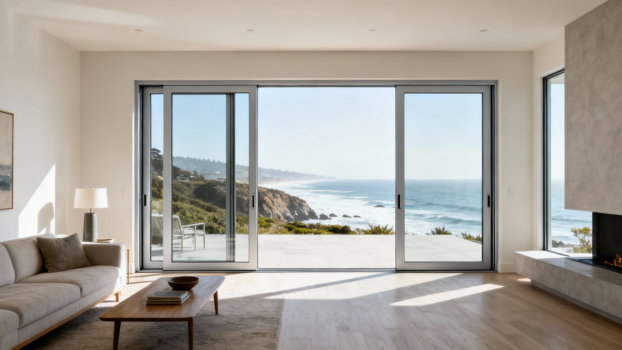 A modern coastal home featuring large, durable all-weather windows with stunning ocean views.