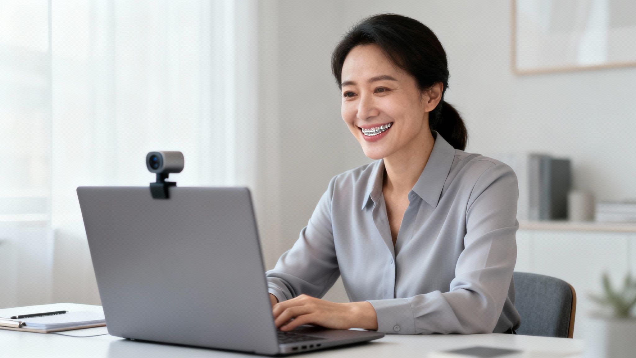 Smiling Asian woman with braces using a laptop and external webcam at a desk.