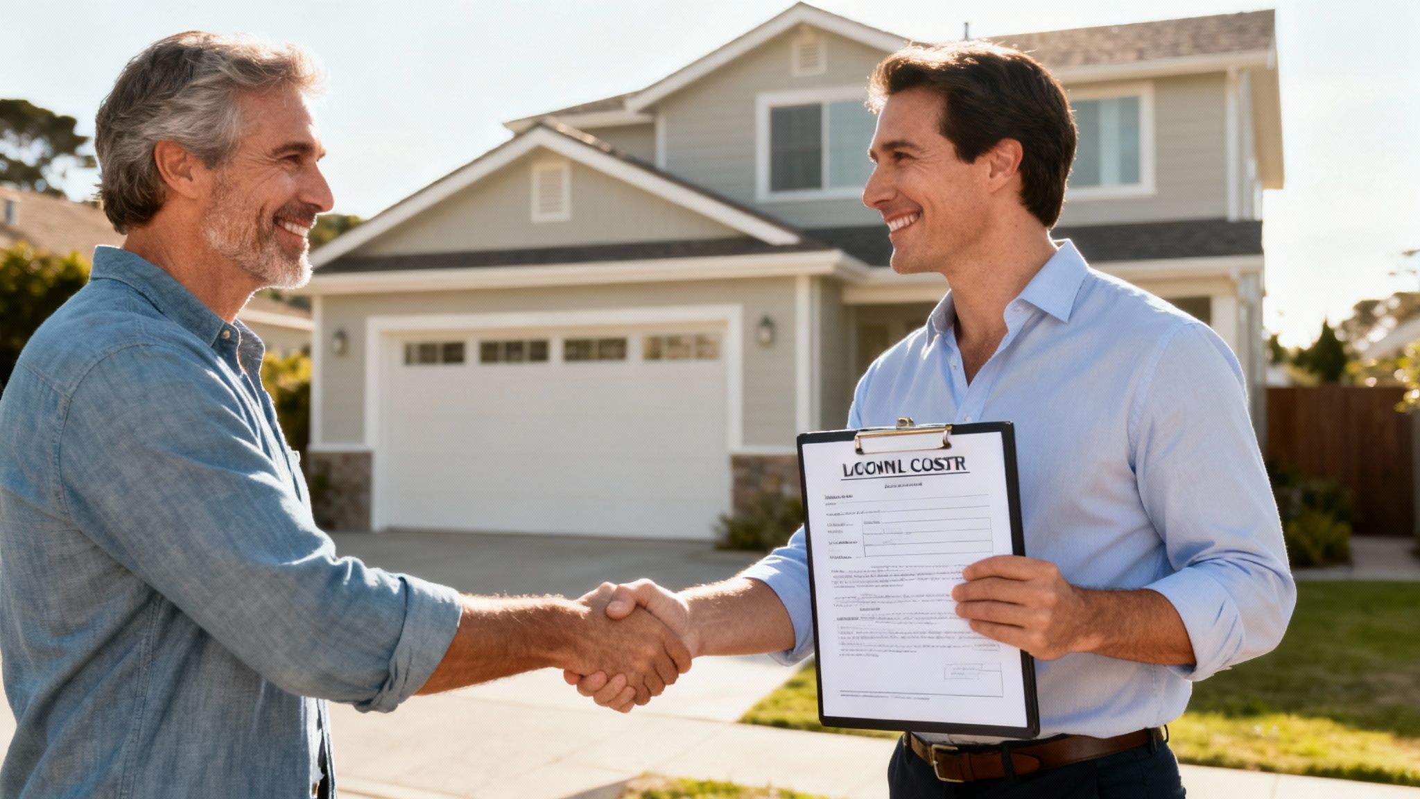 Two smiling men shake hands in front of a modern house, one holding a clipboard, suggesting a real estate deal.
