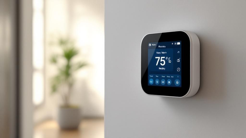 Smart Thermostat on a wall controlling home temperature