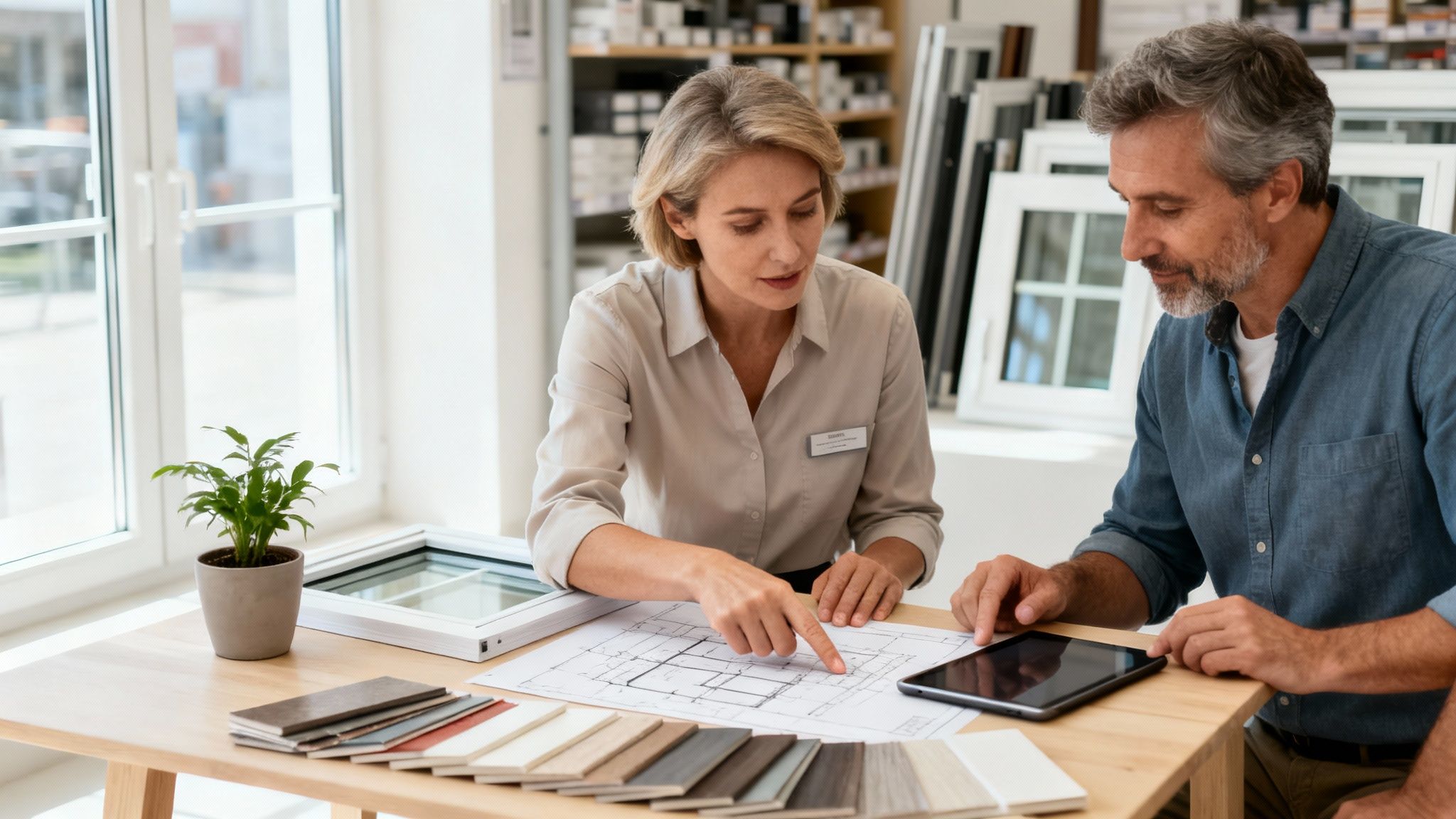 Architect and client discuss building plans and material samples in a showroom.