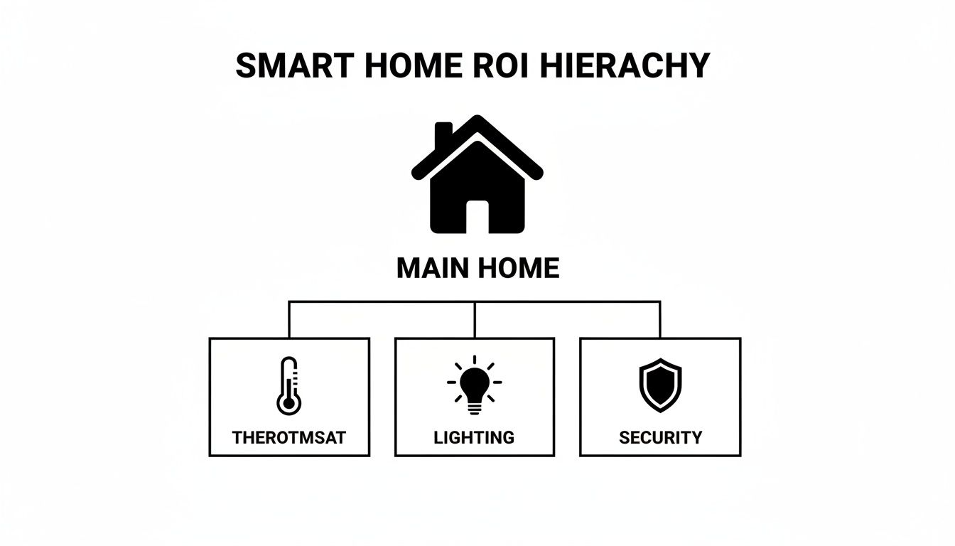 A smart home return on investment hierarchy diagram detailing main home components like thermostat, lighting, and security systems.