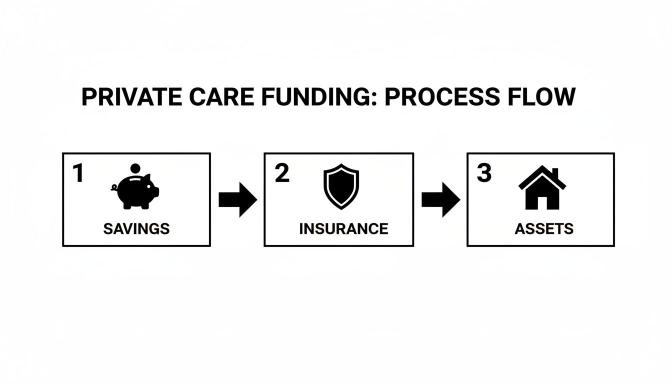 Process flow diagram showing the steps for private care funding: savings, insurance, and assets.
