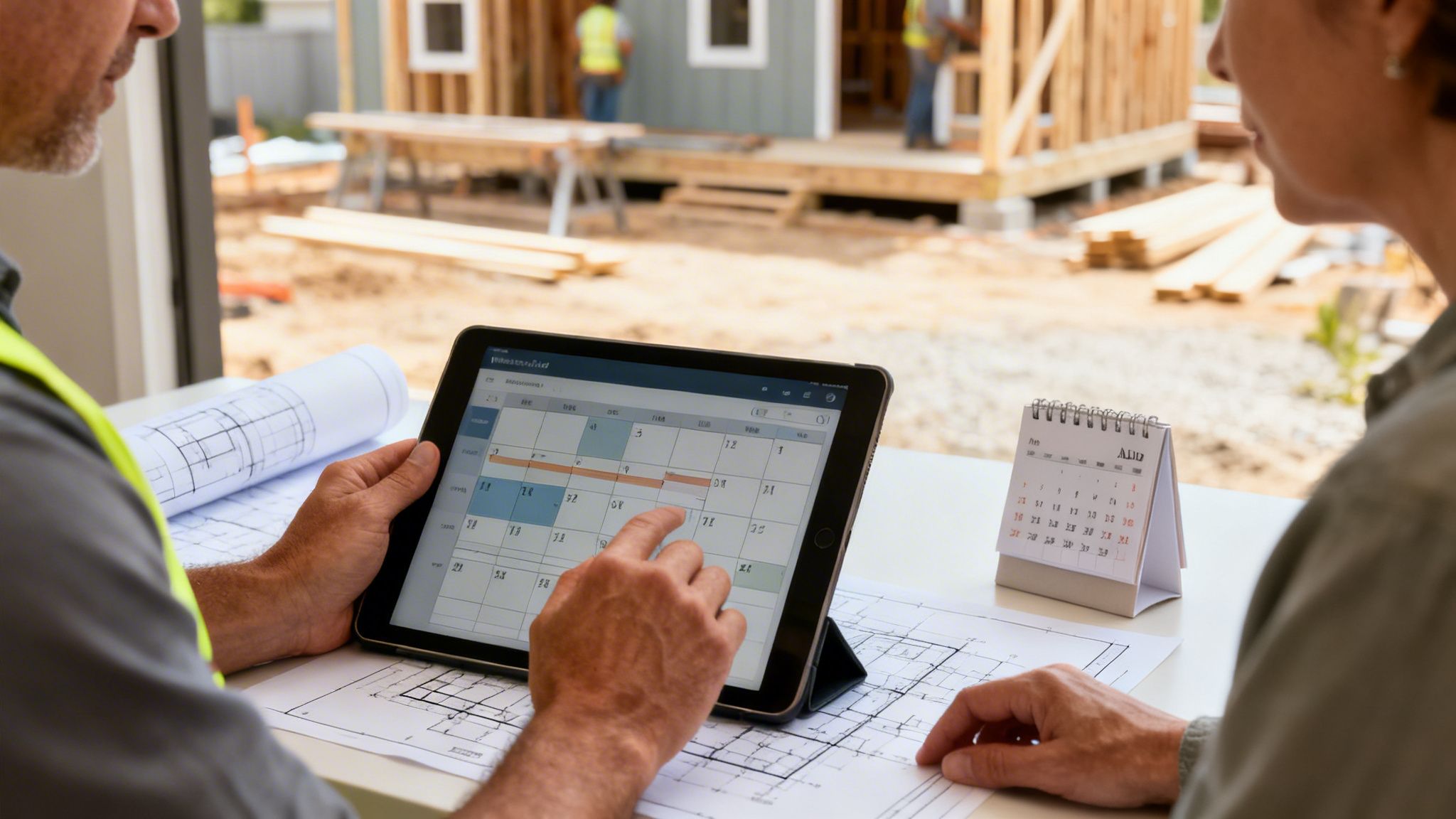 Two people review construction plans and a digital schedule on a tablet at a building site.