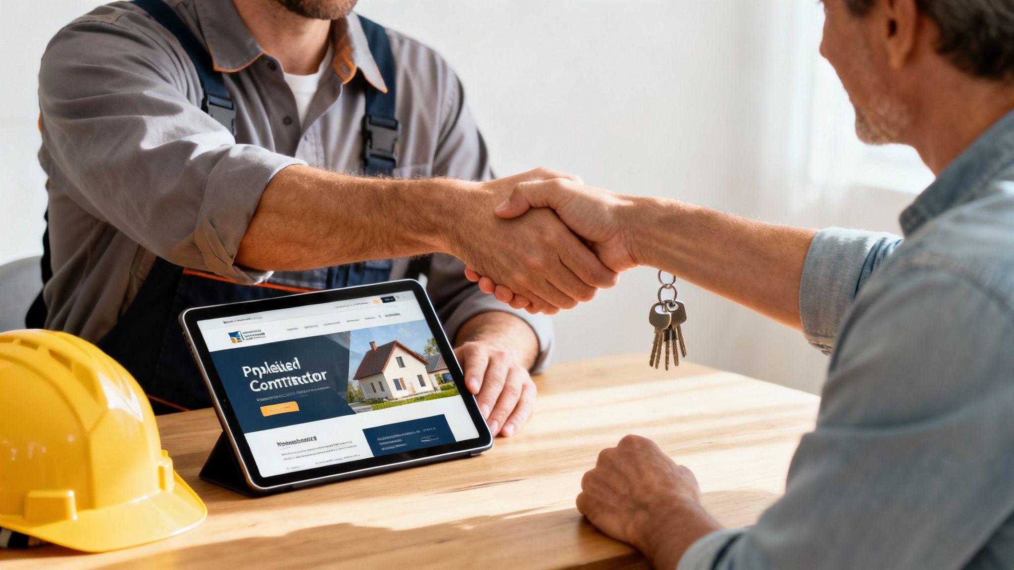 Contractor and client shaking hands, celebrating a deal with house keys and a contractor's website on a tablet.