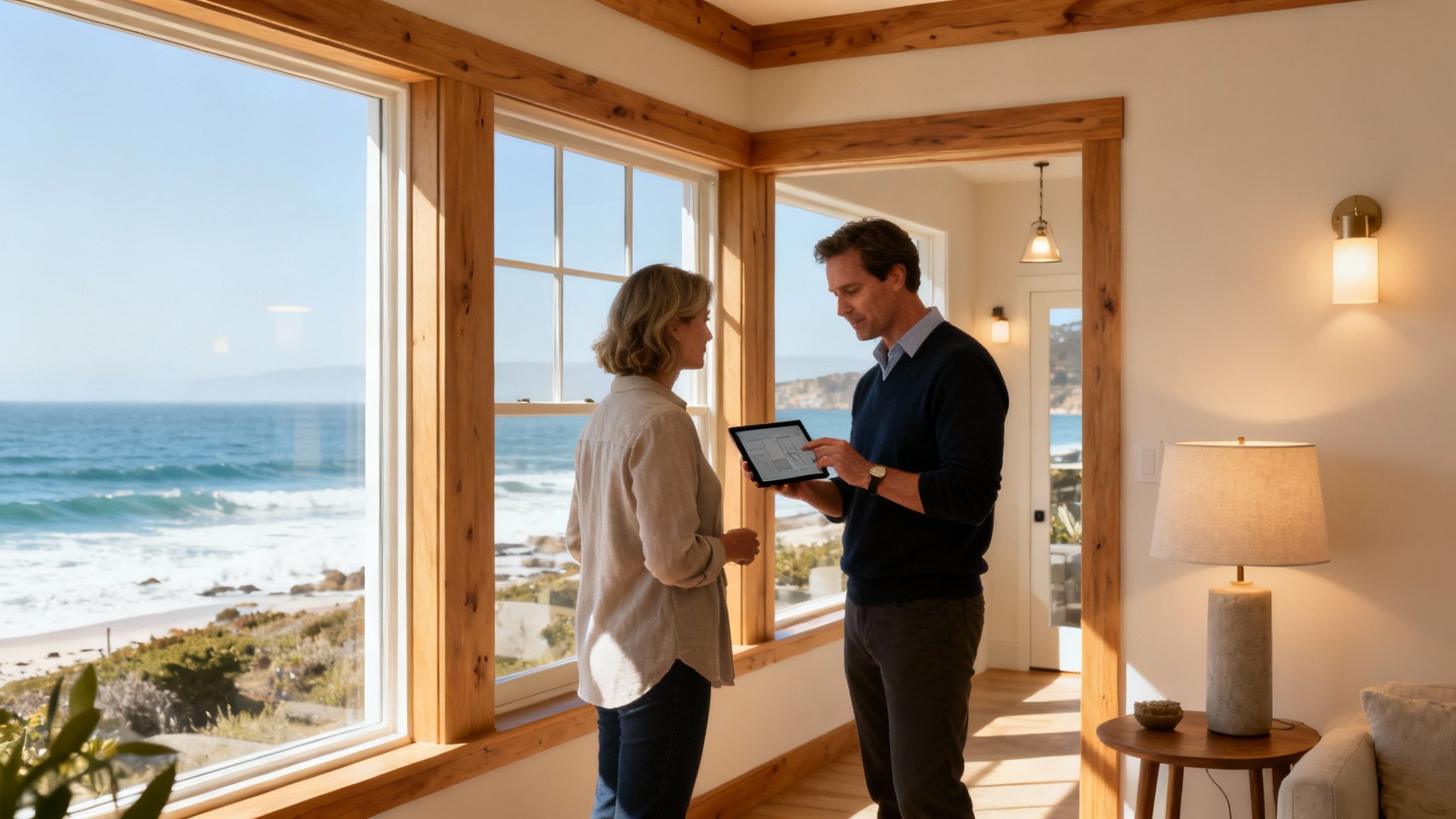 A cozy, well-lit living room in a Monterey Bay home, viewed through the frame of a smartphone.