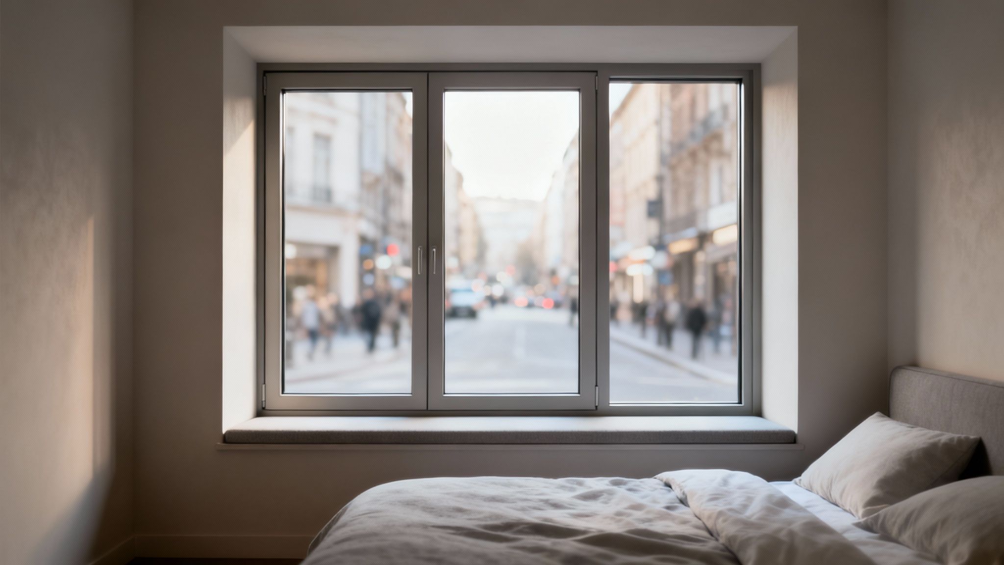 A cozy bedroom with a large window overlooking a busy, blurred city street, featuring a made bed.