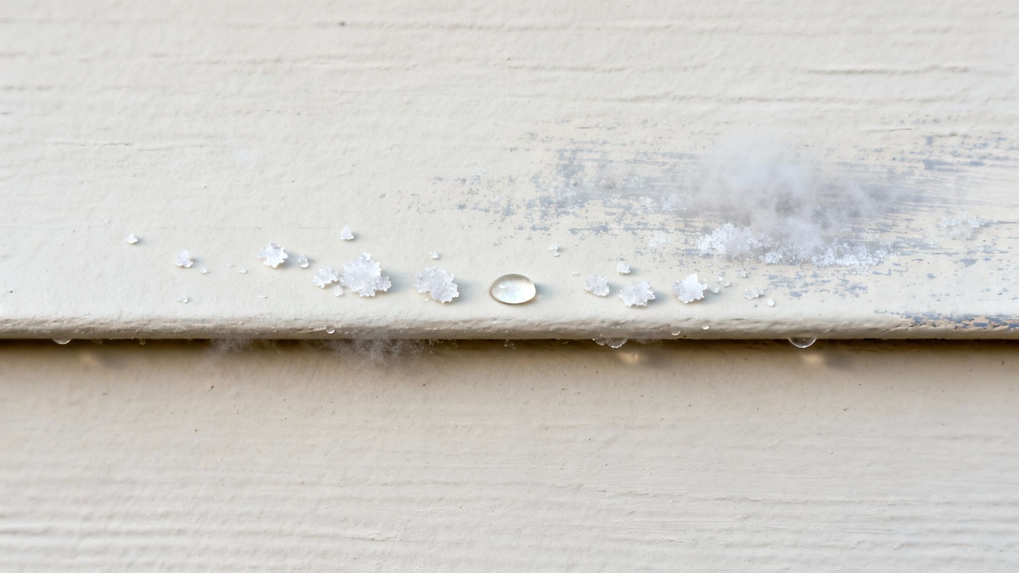 Close-up of white exterior paint with ice crystals, a water droplet, and fuzzy growth.