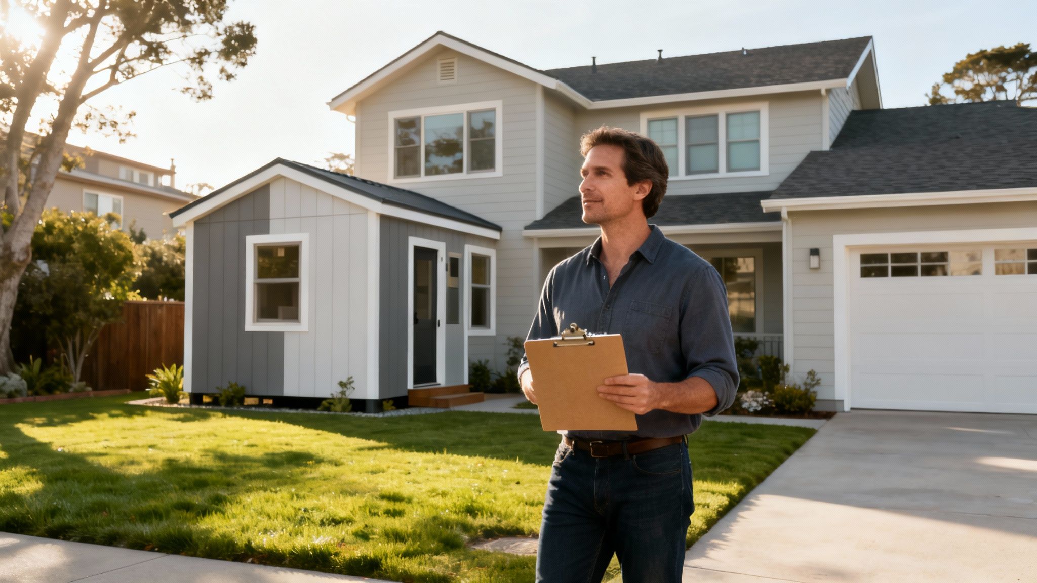 Man reviewing documents in front of a modern home with a detached ADU on a sunny day.