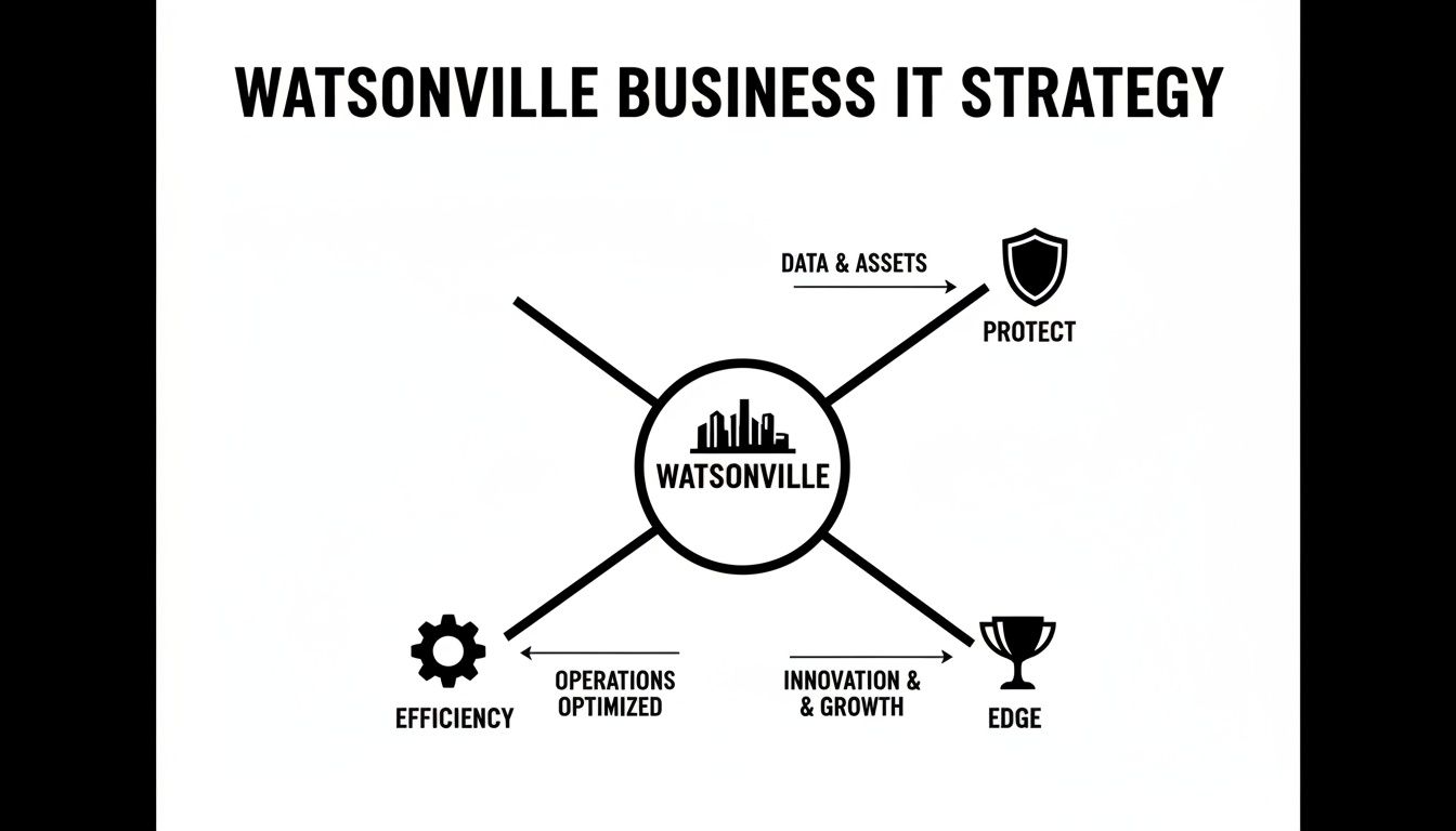 Watsonville Business IT Strategy diagram outlining goals: protect data, gain edge through innovation, and optimize operations for efficiency.