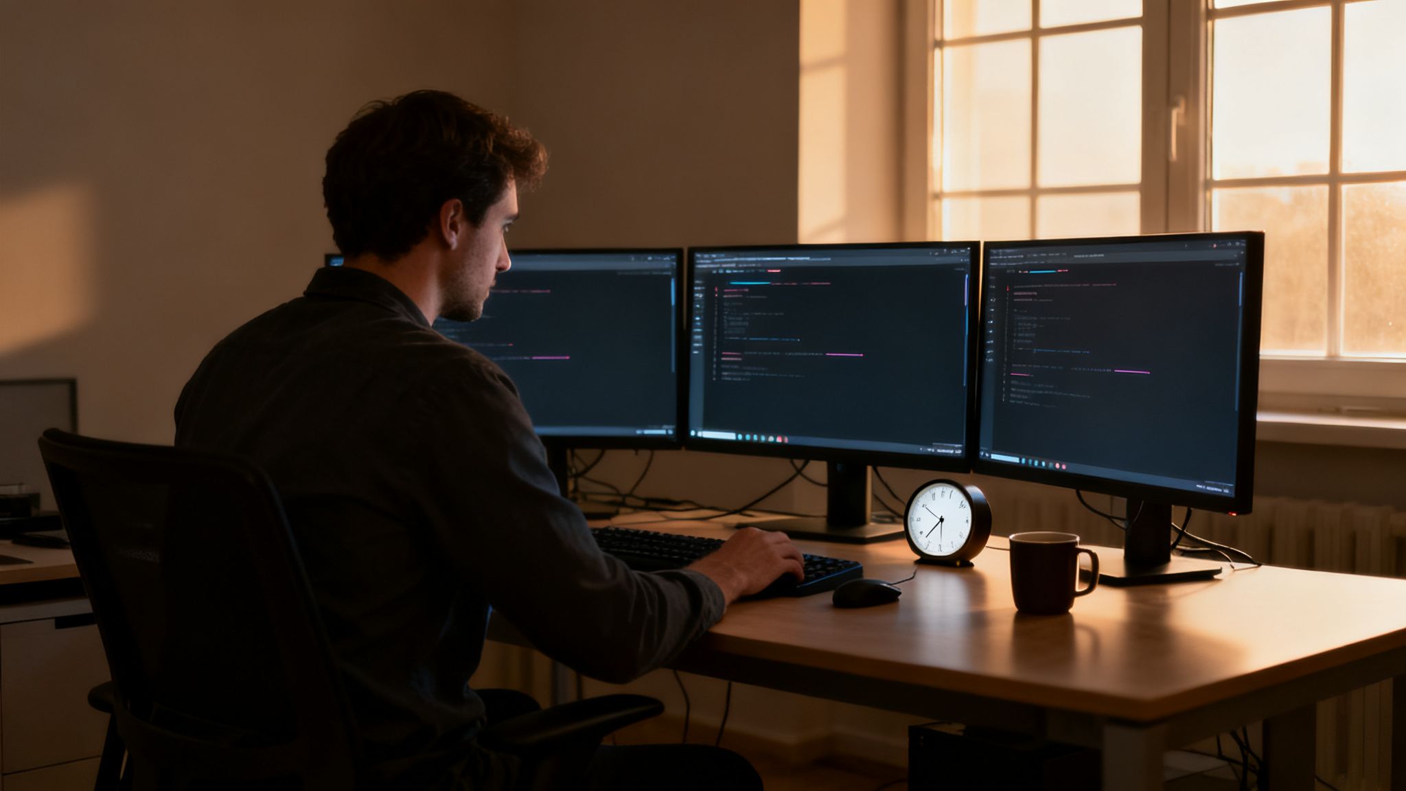 A developer focused on coding across three computer monitors in a warm-lit room.