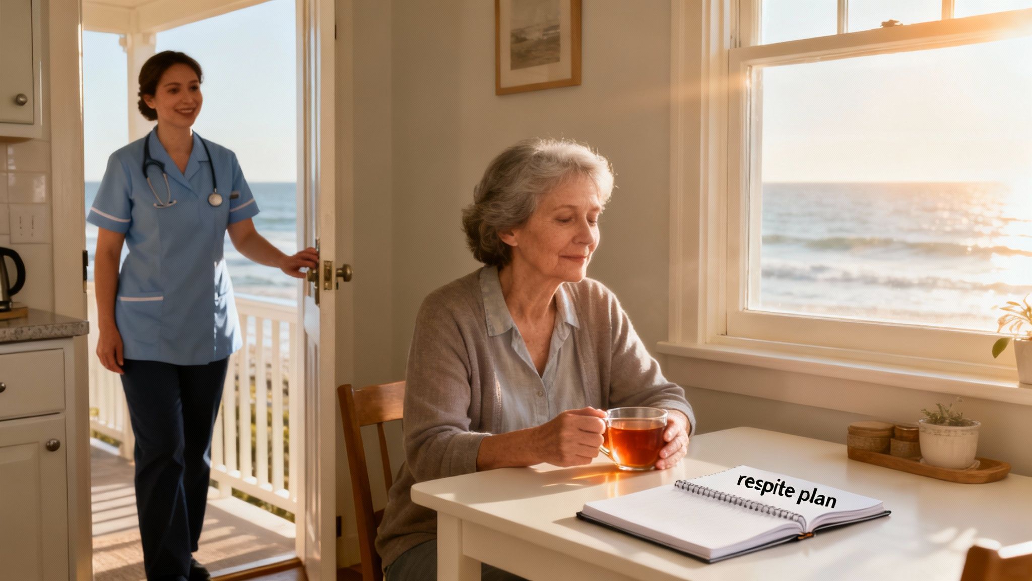 A compassionate caregiver comforts an elderly woman, holding her hands in a supportive gesture.