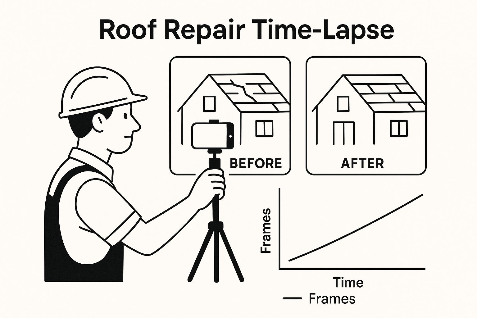 Infographic showing a contractor using a smartphone on a tripod to capture a time-lapse of a roof repair, with before and after frames on either side.