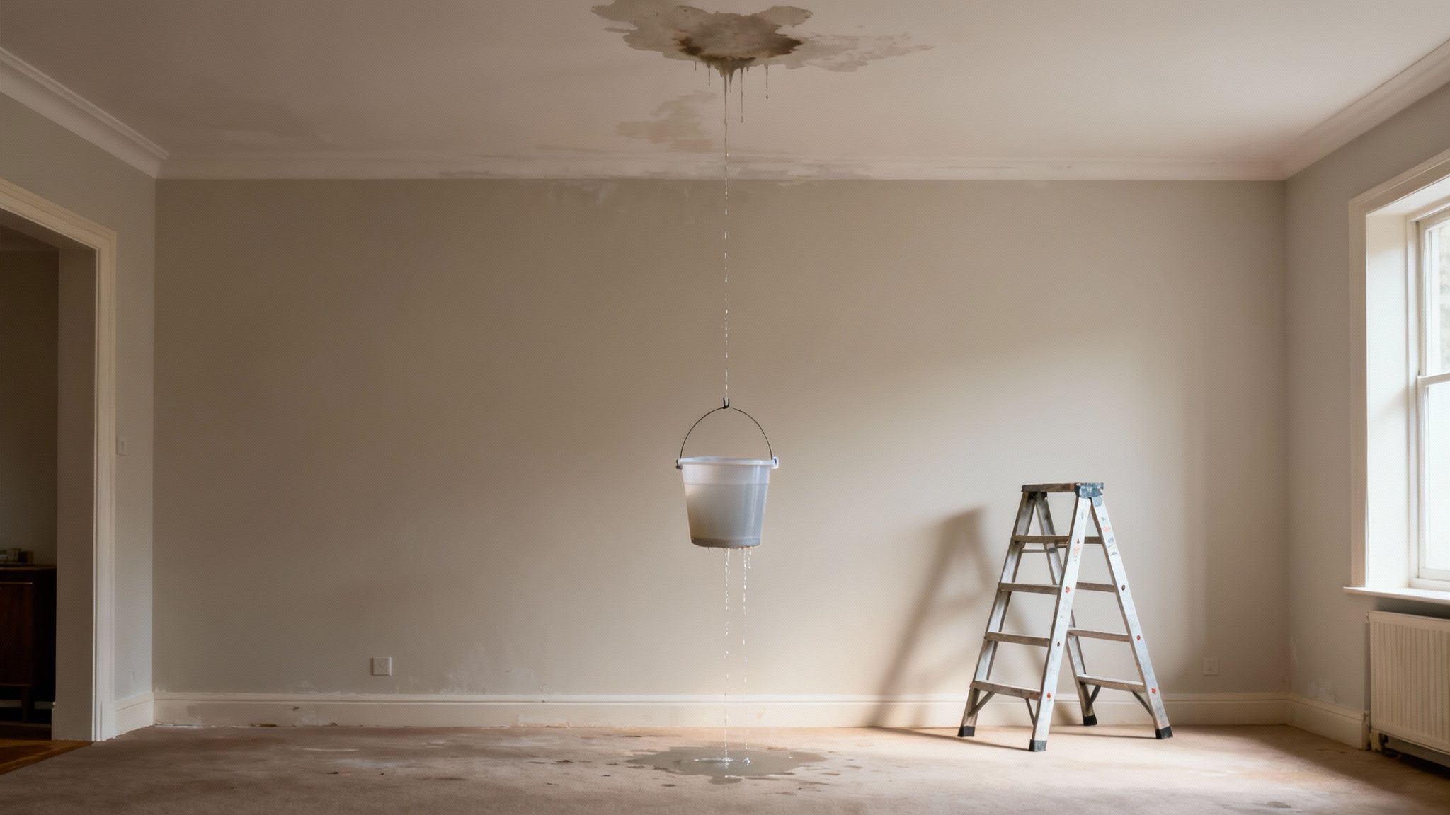 A severe ceiling leak with water dripping from a stained ceiling into a bucket, and onto a damaged carpet.