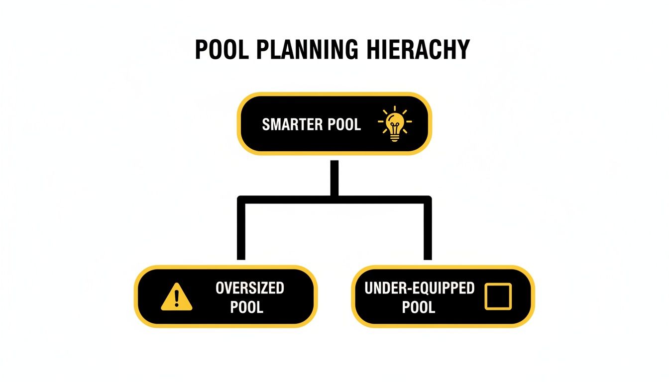 A hierarchy diagram titled 'Pool Planning Hierarchy' showing 'Smarter Pool' at the top, leading to 'Oversized Pool' and 'Under-Equipped Pool' below.
