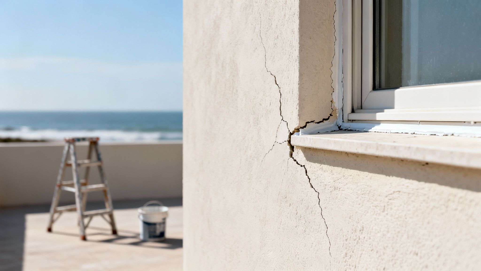 An exterior wall with a large crack near a window, with a ladder and paint bucket on a balcony overlooking the ocean.
