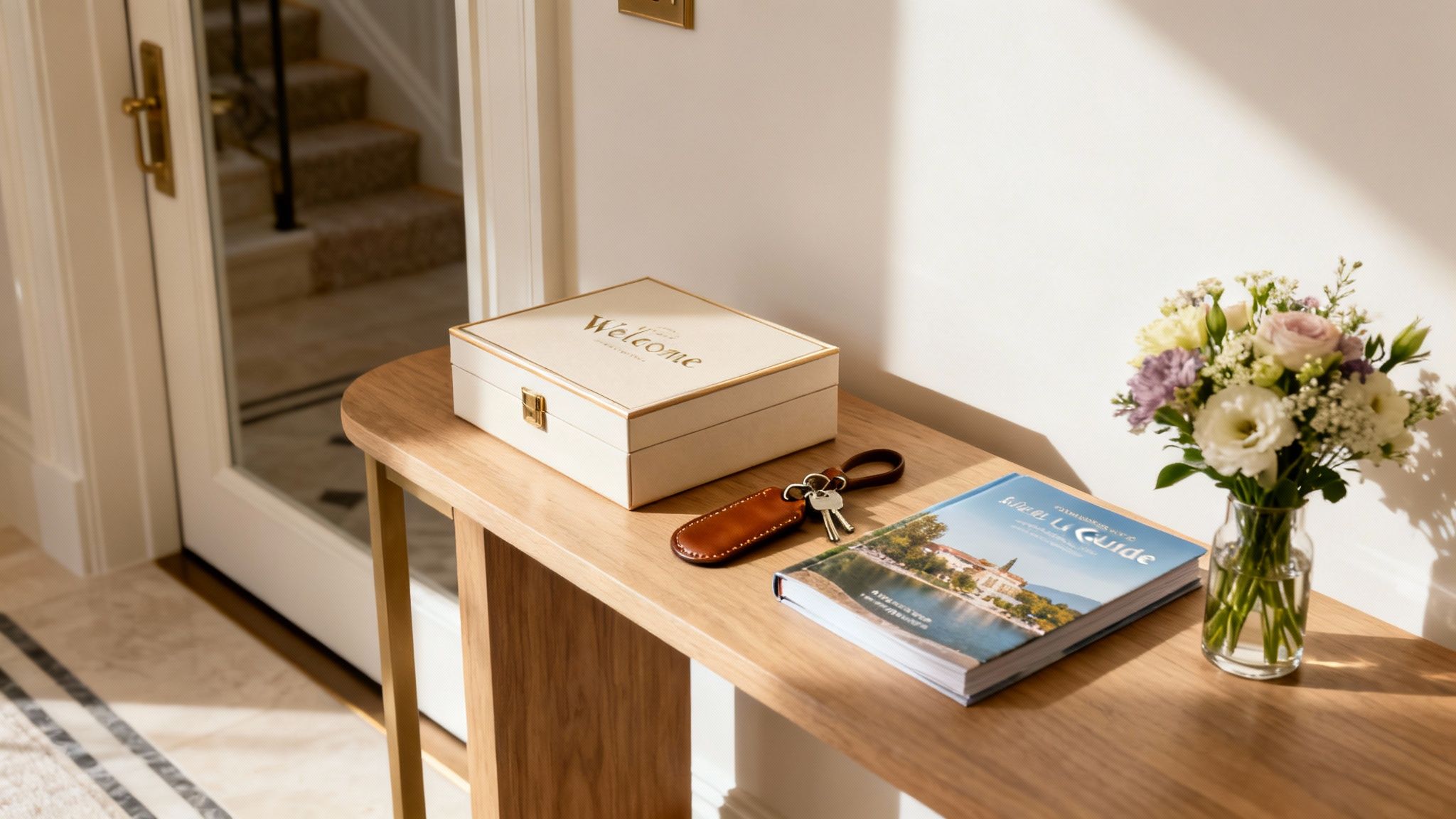 A cream welcome box, keys, a guide book, and a bouquet of flowers on a wooden console table.