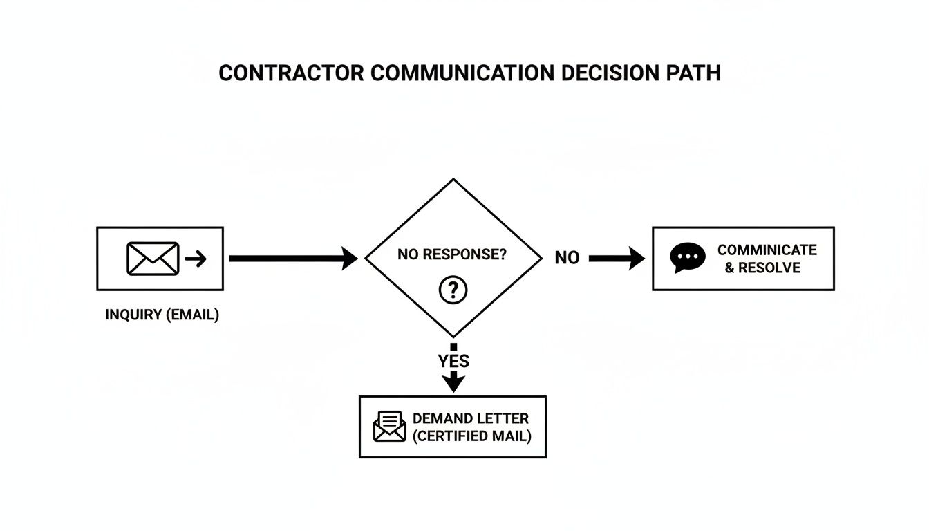 Flowchart outlining contractor communication steps: email inquiry, decision on response, and next actions.
