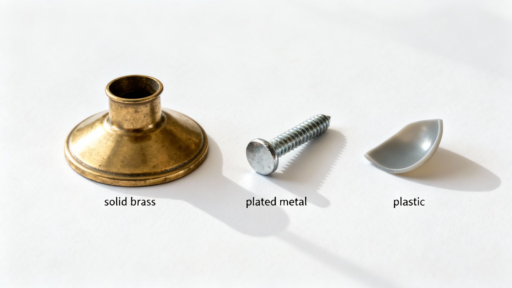 Close-up of three common materials: solid brass, plated metal screw, and a piece of plastic.