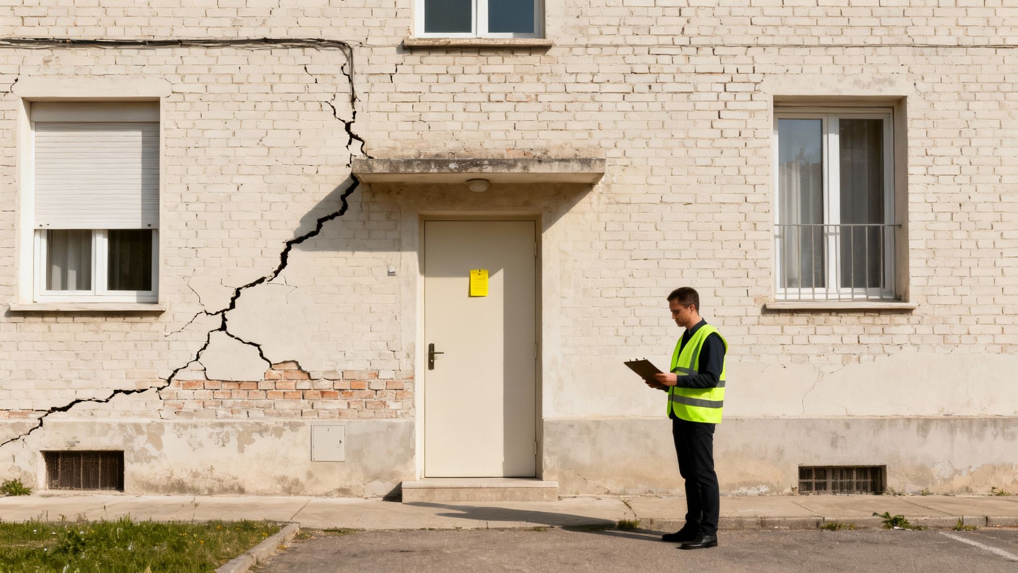 An inspector in a safety vest examines a building with a large structural crack and a notice on the door.
