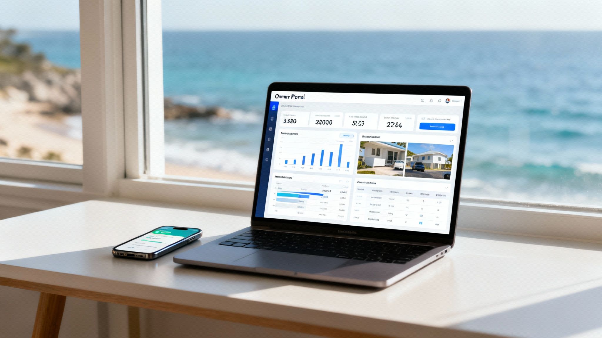 Laptop displaying property management dashboard with analytics and property images by ocean view window