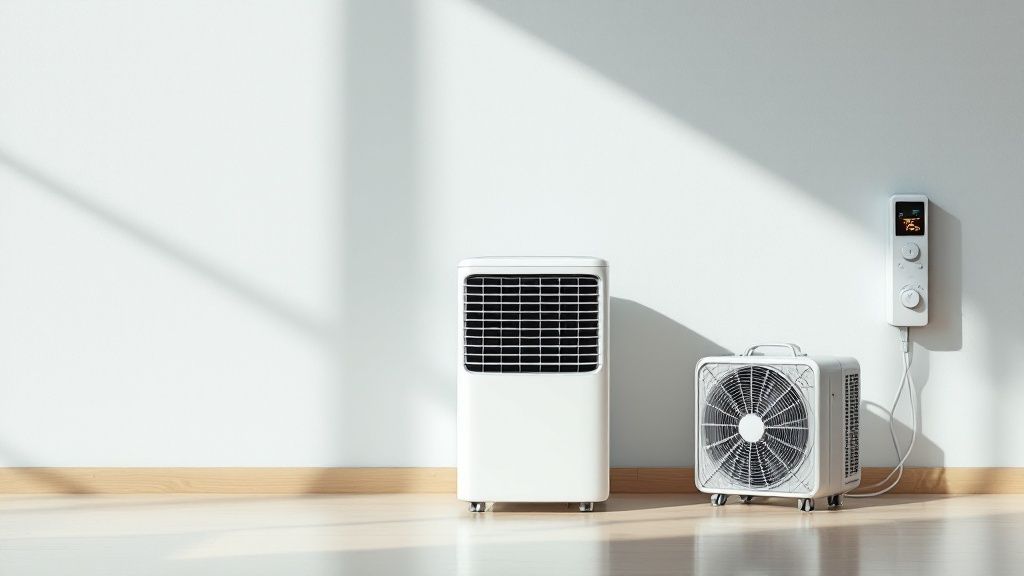 A professional-grade air mover and dehumidifier are set up in a room with water-damaged walls, demonstrating a controlled drying environment.