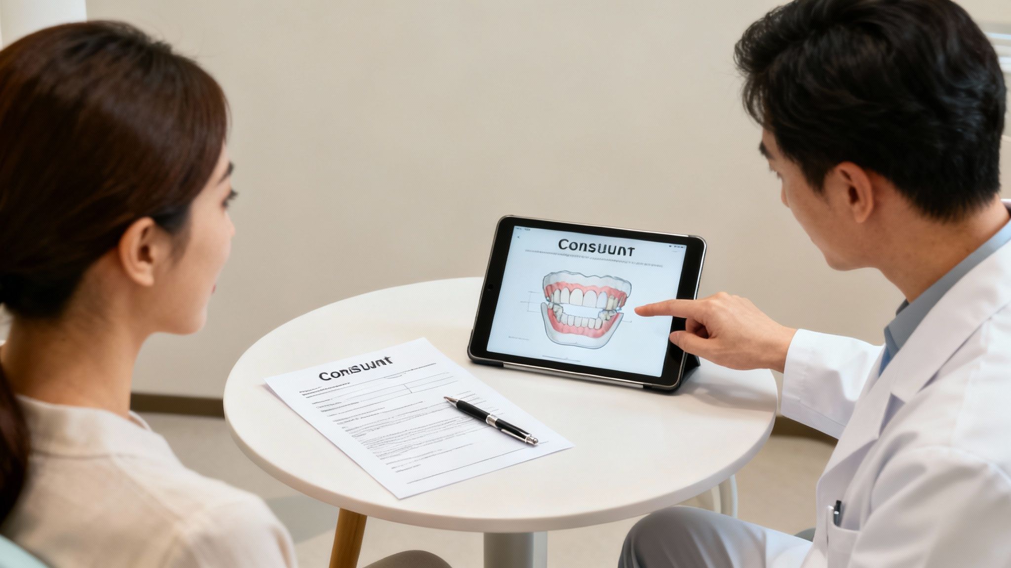 A male dentist explains a dental diagram on a tablet to a female patient, with a consent form on the table.