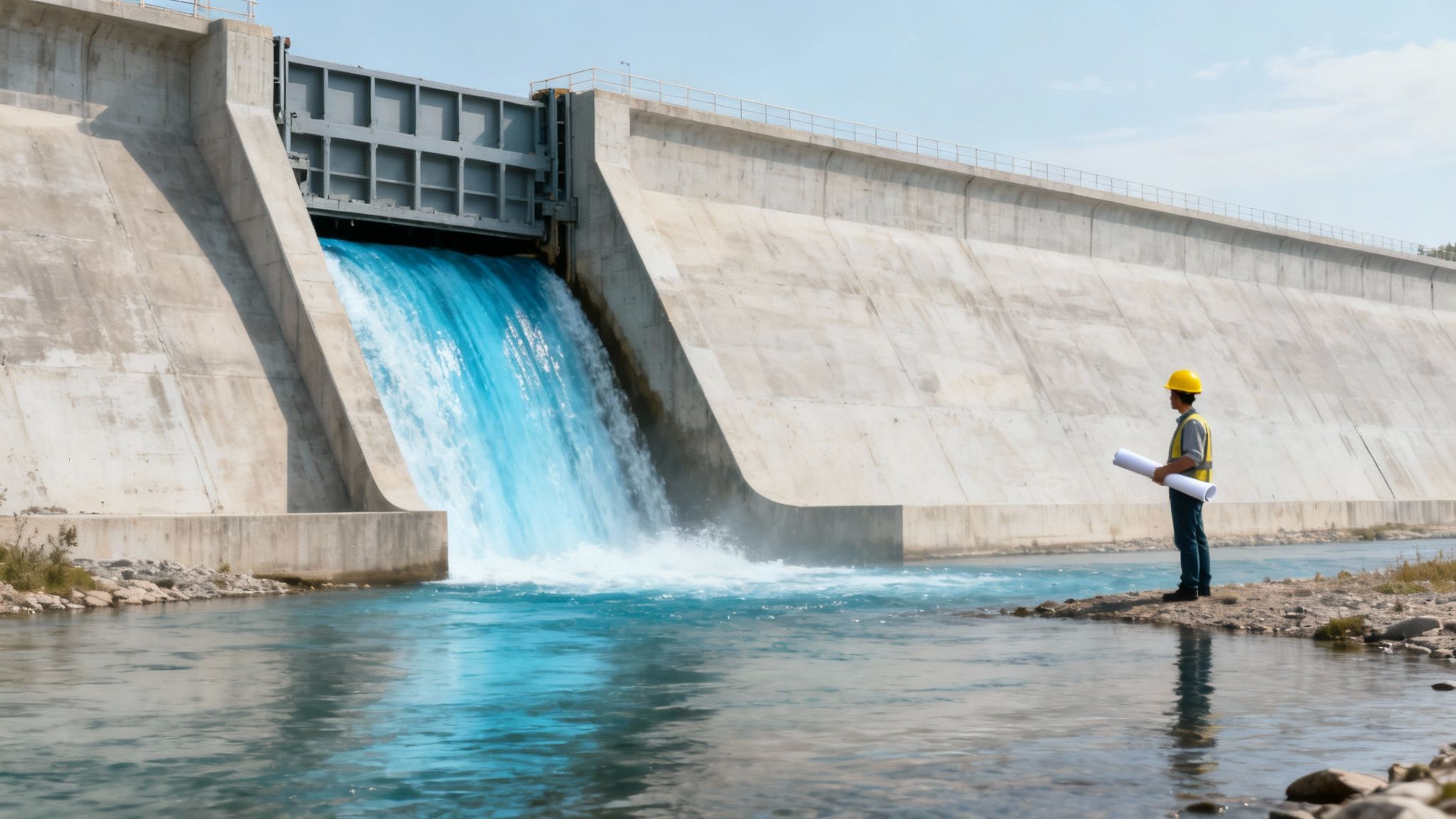 An engineer in a hard hat and vest stands by a concrete dam, holding blueprints, with vibrant blue water flowing.