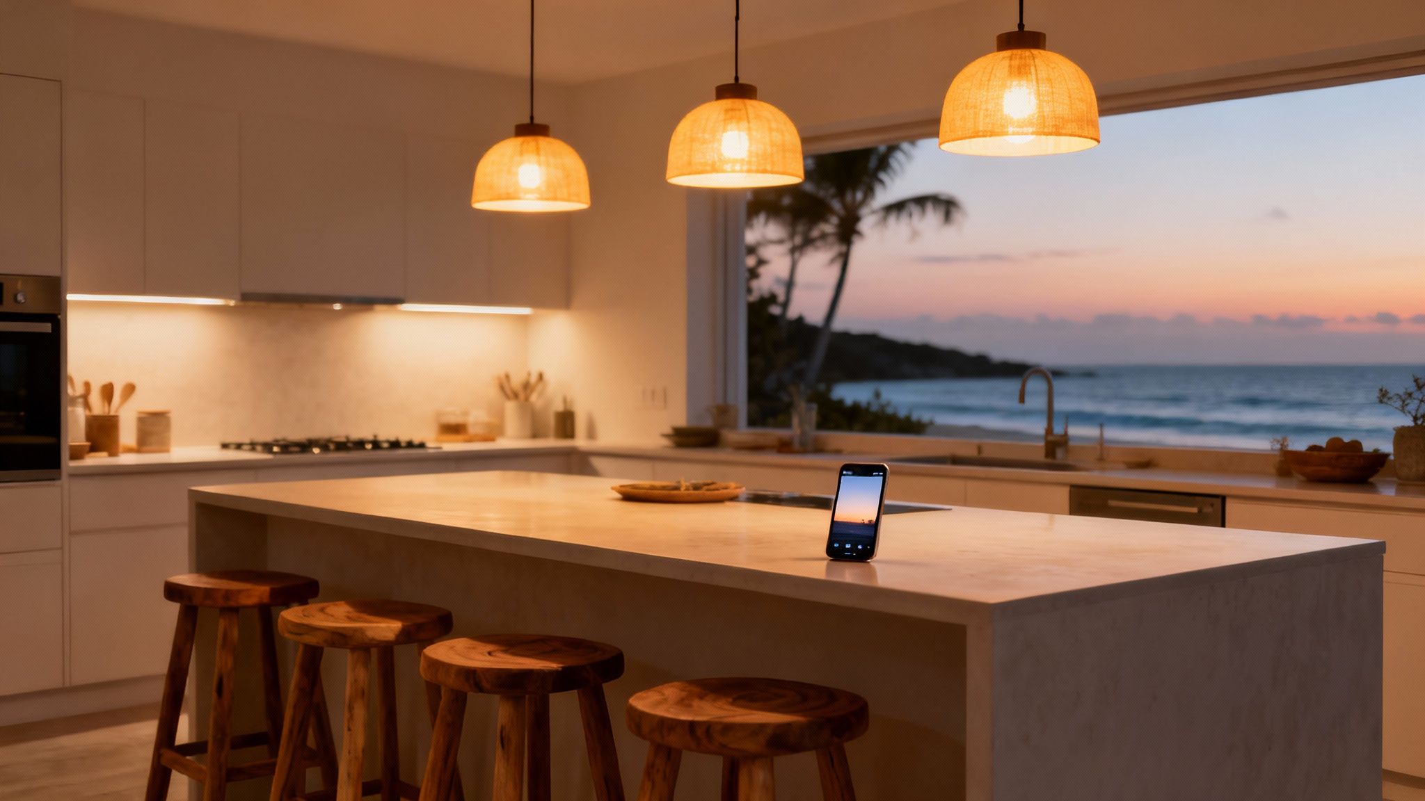 Modern kitchen with warm lighting, island, bar stools, and ocean sunset view.