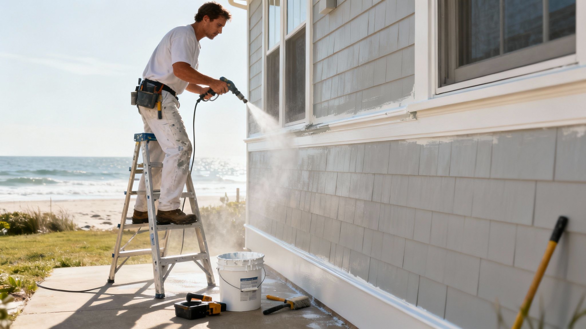 A professional painter carefully preparing a home's exterior for painting.