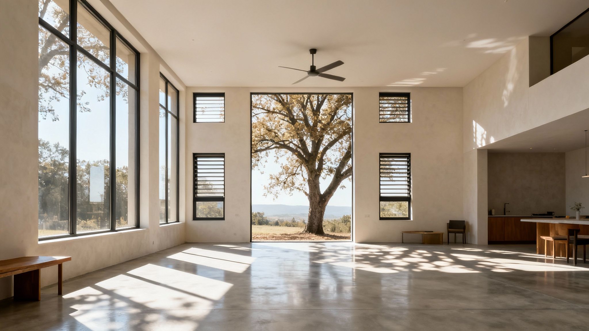 A modern living space featuring sustainable wood ceiling beams and large windows that connect the interior with the natural landscape.